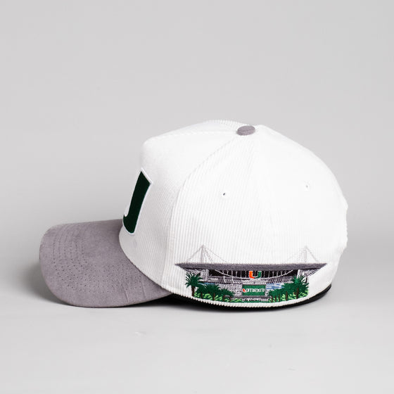Miami Hurricanes Hat White & Grey Side Stadium Patch Snapback - Side Stadium