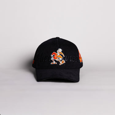 Miami Hurricanes Sebastian Hat Blackout Corduroy Canes Patch Snapback - Front Panel