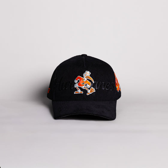 Miami Hurricanes Sebastian Hat Blackout Corduroy Canes Patch Snapback - Front Panel