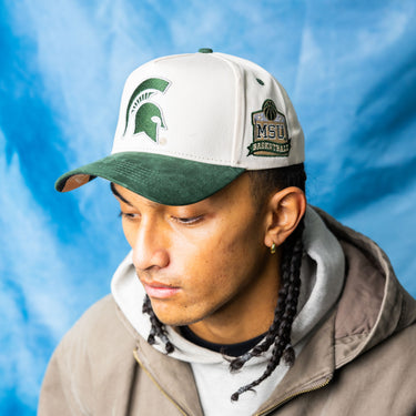Michigan State Spartans Courtside Hat White Green Suede Brim Trophy Snapback - On Model Lifestyle
