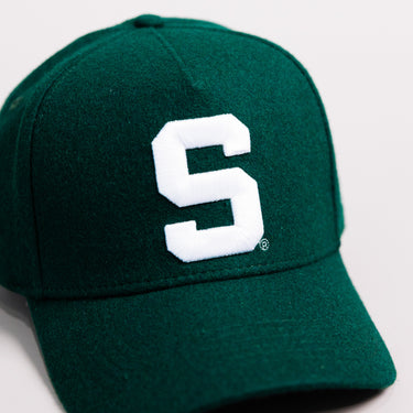 Michigan State Spartans Green Wool Snapback Hat with Block S Logo and University Seal Patch - Front Detail