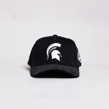 Michigan State Spartans Hat Black Corduroy White Logo Side Patch Snapback - Front Panel
