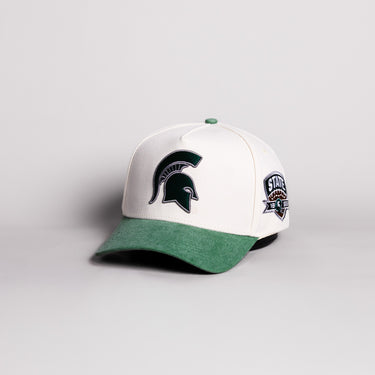 Michigan State Spartans Hat Cream Cotton Green Suede Brim State Shield Patch Snapback - Angled View