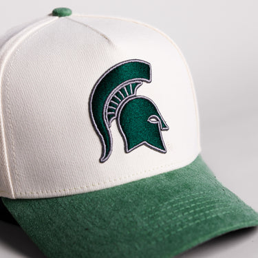 Michigan State Spartans Hat Cream Cotton Green Suede Brim State Shield Patch Snapback - Front Detail
