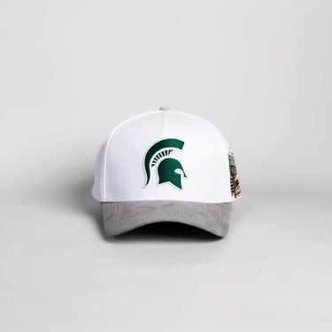 Michigan State Spartans Hat White and Grey Suede Side Stadium Patch - Front Panel