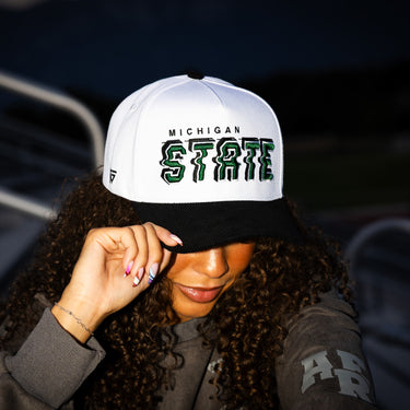 Michigan State Spartans Hat White & Black Corduroy Stadium Pulse Snapback - On Model Lifestyle