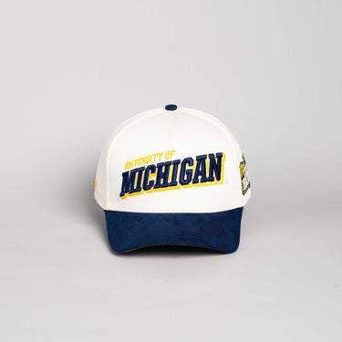 Michigan Wolverines Hat Cream & Navy Blue Tilt Snapback - Front Panel