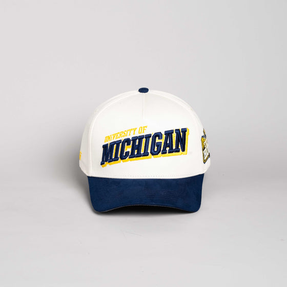 Michigan Wolverines Hat Cream & Navy Blue Tilt Snapback - Front Panel