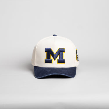 Michigan Wolverines Hat Cream & Navy Sun Fade Snapback - Front Panel
