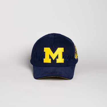 Michigan Wolverines Hat Navy Corduroy Stacked Script Snapback - Front Panel