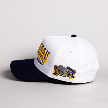 Michigan Wolverines Hat White & Navy Corduroy Stadium Pulse Snapback - Side Stadium Patch
