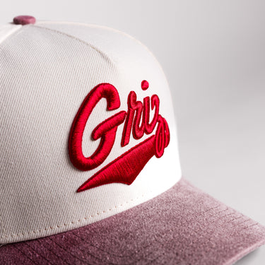Montana Grizzlies Griz Script Hat Cream Cotton Maroon Suede Brim Shield Patch Snapback - Front Detail