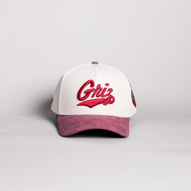 Montana Grizzlies Griz Script Hat Cream Cotton Maroon Suede Brim Shield Patch Snapback - Front Panel