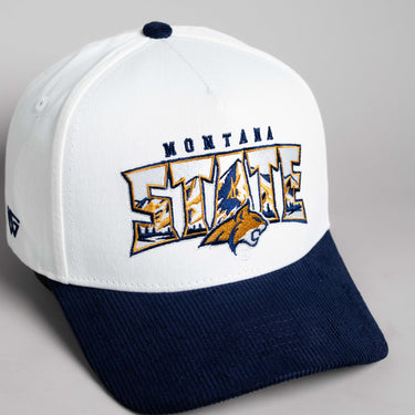 Montana State Bobcats Hat White & Navy Corduroy Mountain Snapback - Angled View
