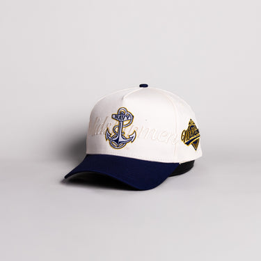 Navy Midshipmen Anchor Hat Cream Cotton Navy Brim Midshipmen Script Snapback - Angled View