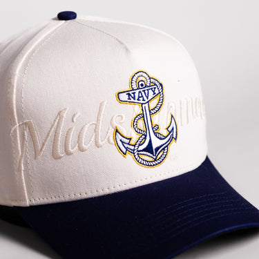 Navy Midshipmen Anchor Hat Cream Cotton Navy Brim Midshipmen Script Snapback - Front Detail
