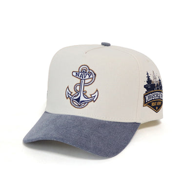 Navy Midshipmen Hat Cream & Navy Sun Fade Snapback - Side Patch