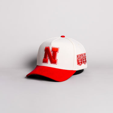 Nebraska Cornhuskers Block N Hat Cream Cotton Red Corduroy Brim Championship Banners Snapback - Angled View