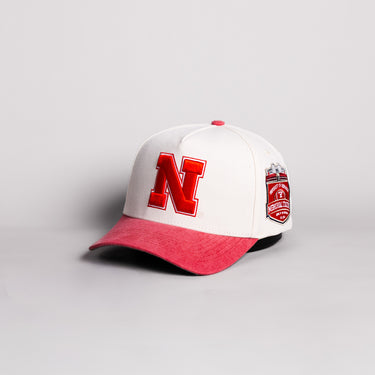 Nebraska Cornhuskers Block N Hat Cream Cotton Red Suede Brim Memorial Stadium Patch Snapback - Angled View