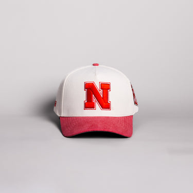 Nebraska Cornhuskers Block N Hat Cream Cotton Red Suede Brim Memorial Stadium Patch Snapback - Front Panel