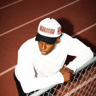 Nebraska Cornhuskers Hat White & Black Corduroy Stadium Pulse Snapback - On Model Lifestyle