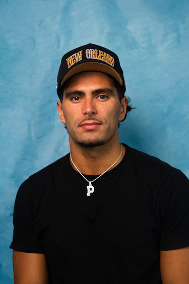New Orleans City Hat Black Gold Corduroy Snapback - On Model Lifestyle