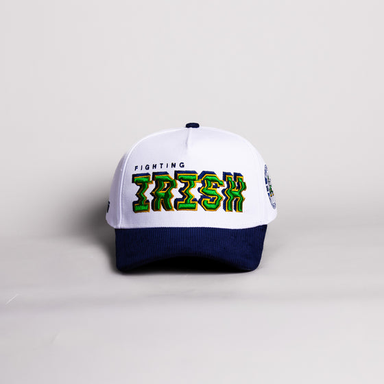 Notre Dame Fighting Irish Hat White & Navy Corduroy Stadium Pulse Snapback - Front Panel