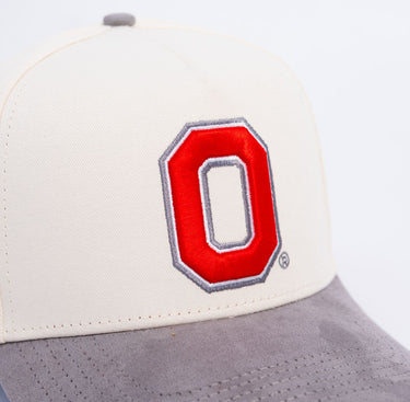 Ohio State Buckeyes Cream and Grey Suede Snapback Hat with Block O Logo - Front Detail