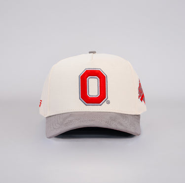 Ohio State Buckeyes Cream and Grey Suede Snapback Hat with Block O Logo - Front Panel