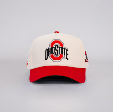 Ohio State Buckeyes Cream and Scarlet Snapback Hat with Horseshoe Stadium Patch - Front Panel