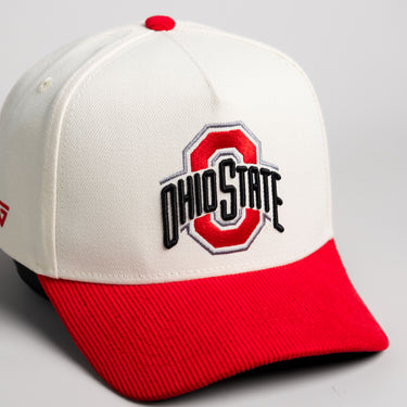 Ohio State Buckeyes Hat Cream & Red Banners Snapback - Angled View
