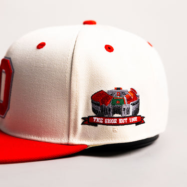 Ohio State Buckeyes Hat Cream & Red Block O Fitted - Stadium Detail