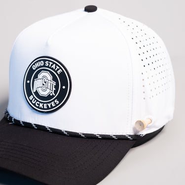 Ohio State Buckeyes Hat White Black Tee Box - Front Detail Angled