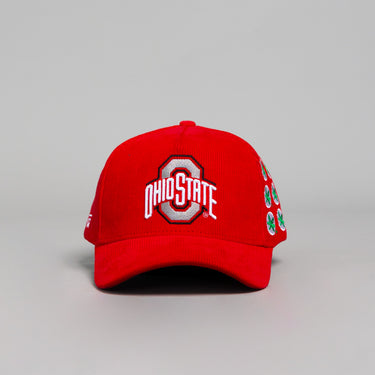 Ohio State Buckeyes Red Corduroy Snapback Hat with Helmet Sticker Leaf Patches - Front Panel