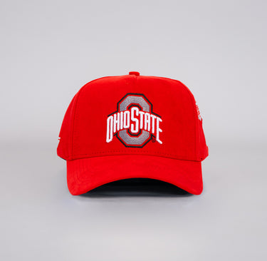 Ohio State Buckeyes Red Suede Snapback Hat with Championship Banner Patches - Front Panel