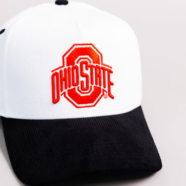 Ohio State Buckeyes White and Black Snapback Hat with Block O Logo and Buckeyes Side Patch - Front Detail
