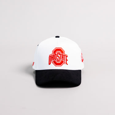 Ohio State Buckeyes White and Black Snapback Hat with Block O Logo and Buckeyes Side Patch - Front Panel