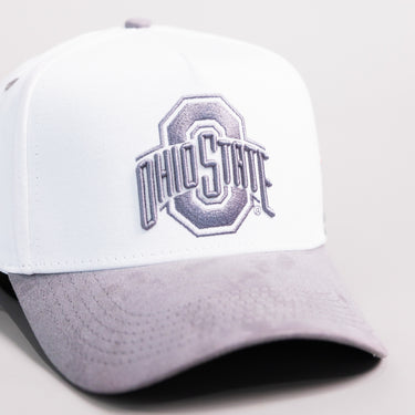 Ohio State Buckeyes White and Grey Suede Snapback Hat with Block O Logo and Horseshoe Stadium Patch - Front Detail