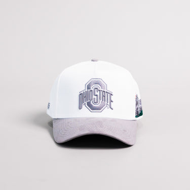 Ohio State Buckeyes White and Grey Suede Snapback Hat with Block O Logo and Horseshoe Stadium Patch - Front Panel