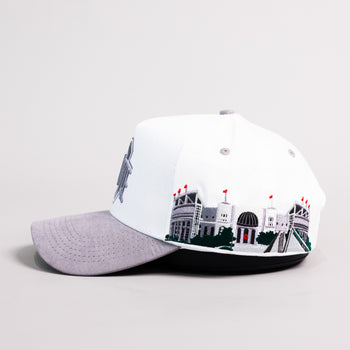Ohio State Buckeyes White and Grey Suede Snapback Hat with Block O Logo and Horseshoe Stadium Patch - Side Stadium
