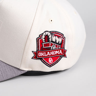 Oklahoma Sooners Hat Cream & Grey Suede Border Snapback - Side Patch Detail