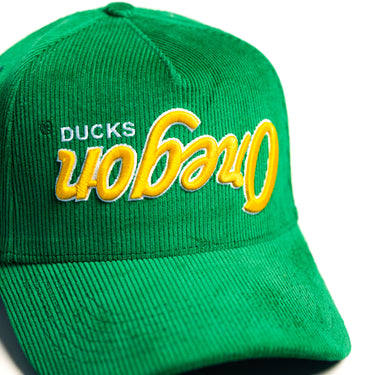 Oregon Ducks Flipped Script Hat Green Corduroy Yellow Logo Snapback UO - Front Detail