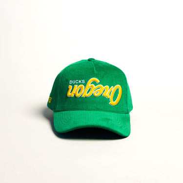 Oregon Ducks Flipped Script Hat Green Corduroy Yellow Logo Snapback UO - Front Panel