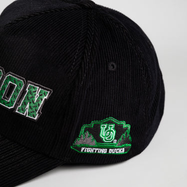 Oregon Ducks Hat Black Corduroy Flying V Snapback - Angled View