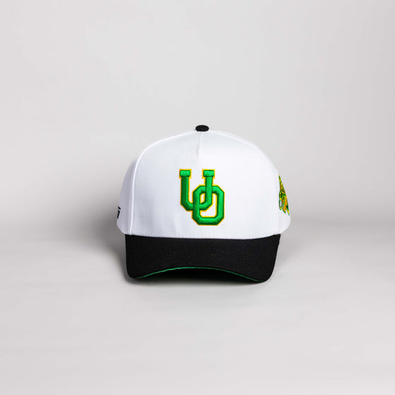 Oregon Ducks Hat White & Black Color Splash Snapback - Front Panel