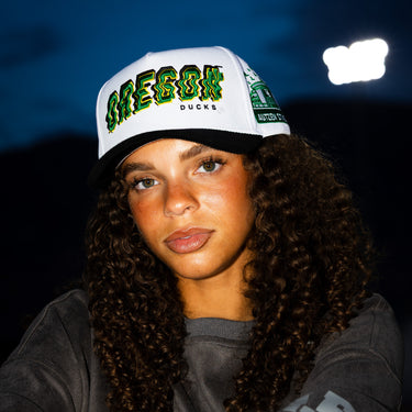 Oregon Ducks Hat White & Black Corduroy Stadium Pulse Snapback - On Model Lifestyle