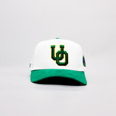 Oregon Ducks Hat White & Green Suede Stadium Patch Snapback - Front Panel