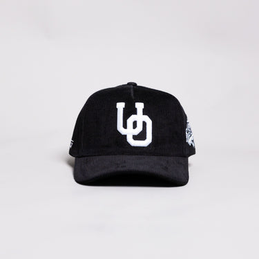 Oregon Ducks Interlock O Hat Black Corduroy White Logo Side Patch Snapback - Front Panel