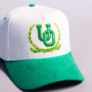 Oregon Ducks O Logo Hat White Green Brim Treeline Patch Snapback College - Front Detail