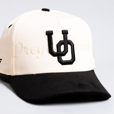 Oregon Ducks Stacked Letter Logo Hat Cream and Black Corduroy Snapback - Front Detail